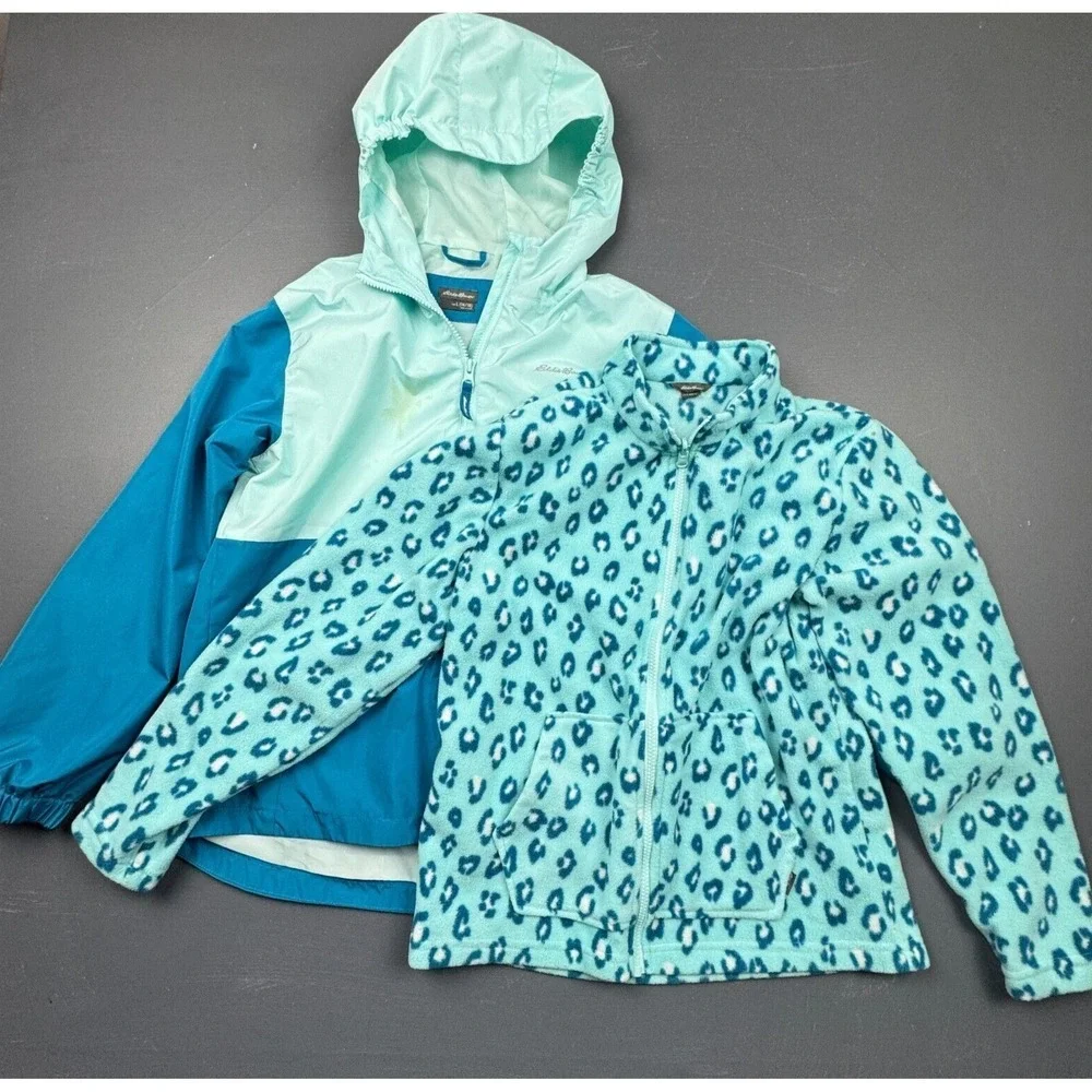 Eddie Bauer Girls L 14/16 Teal Blue Leopard 3-in-1 Fleece Lined Hooded Jacket